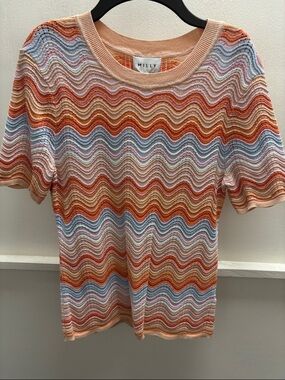 Milly Multicolor Wavy Knit Short Sleeve Top - Orange, Blue, Peach